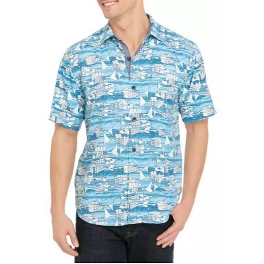 Tommy Bahama Island Zone Artist Series 2020 Blue Fish Silk Button Shirt Large